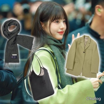 장원영 김포공항 출국 패션 속 코트 자켓 머플러 목도리 가방 정보