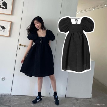 손나은 사복 패션 속 블랙 벌룬 원피스 브랜드, 코디